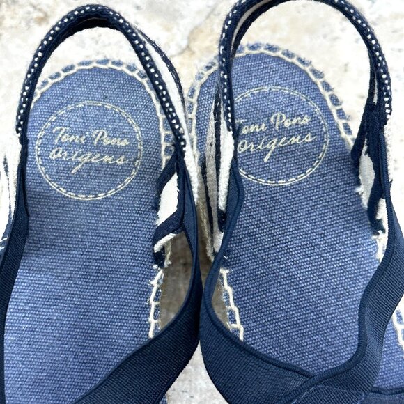 Toni Pons Origens Striped Espadrille Wedge Sandals Navy White Size 39 2.5" Heel - Picture 8 of 10